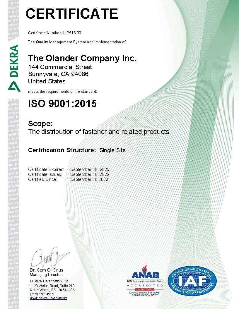 Olander's iso 9001:2015 certificate